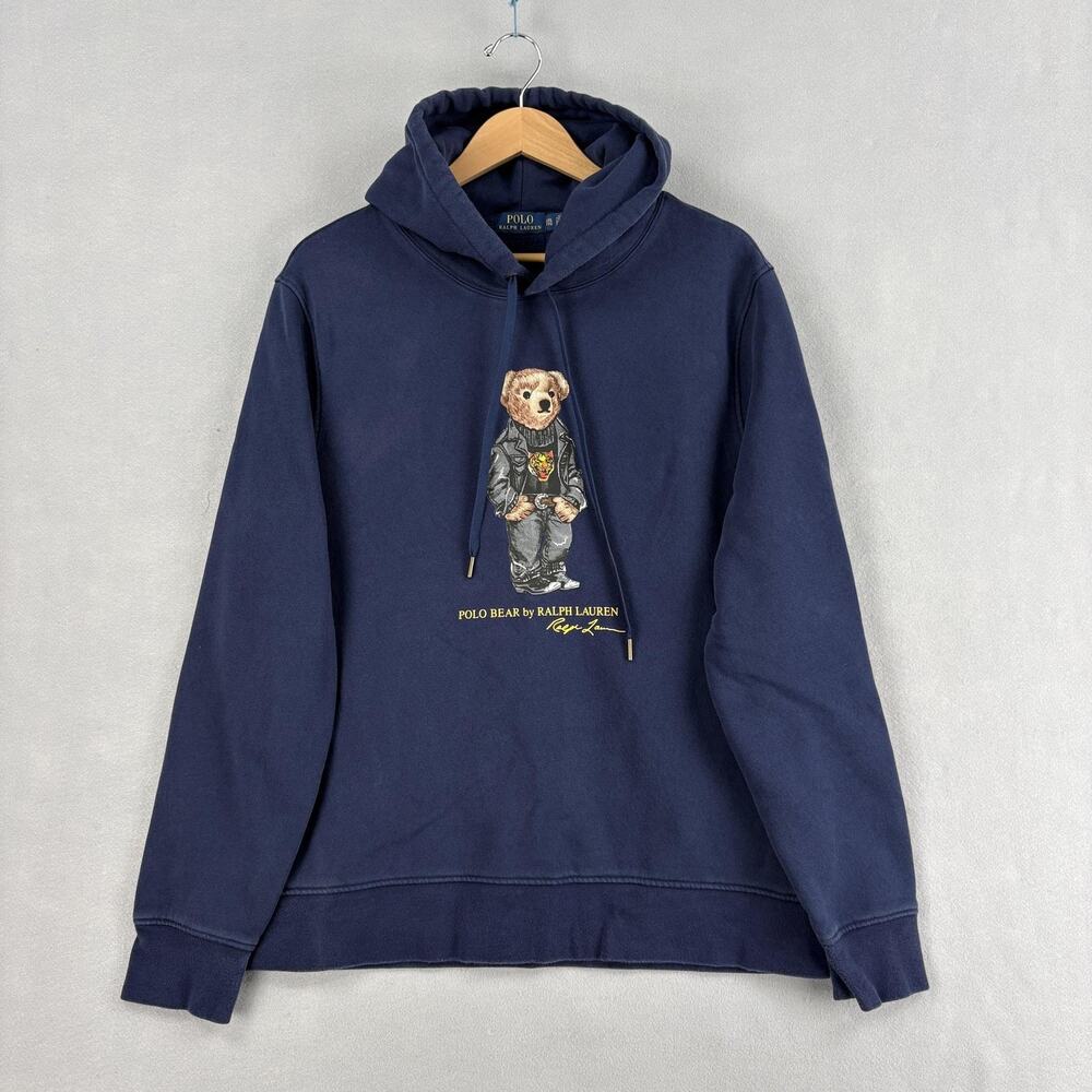 Polo Ralph Lauren Hoodie Mens 2XL Blue Leather Jacket Polo Bear Fleece Pullover